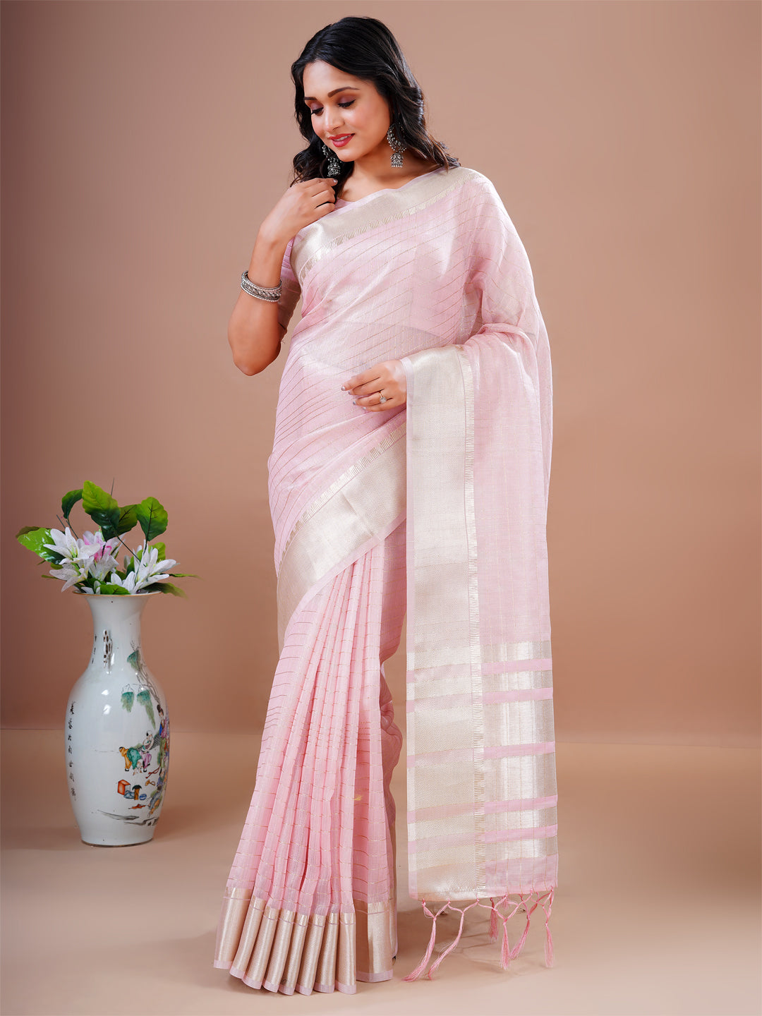 DesignerPink Cotton Silk Heavy Jacquard Border Rich Pallu With Tassel Party Wear Saree