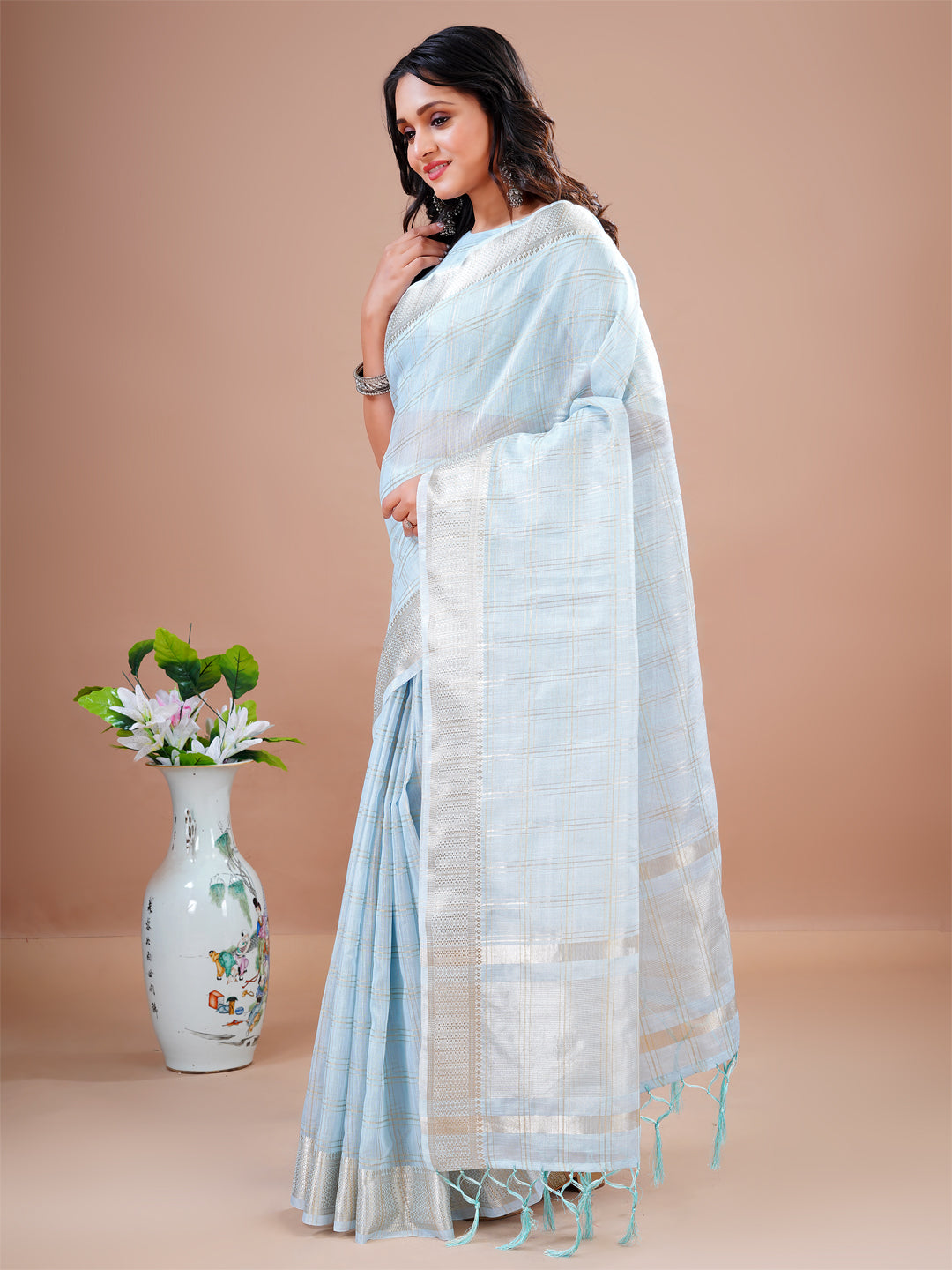 Sky Blue Saree Cotton Silk Wedding Festival Jacquard Work Saree Blouse