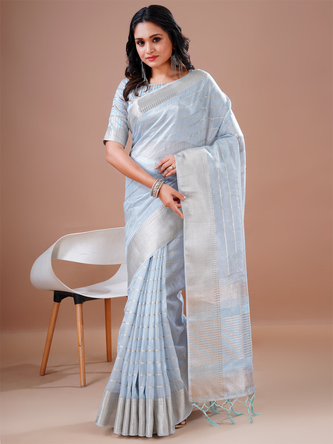 Cotton Silk Saree Sky Blue Checks Design Jacquard Border And Pallu New Saree Blouse Design