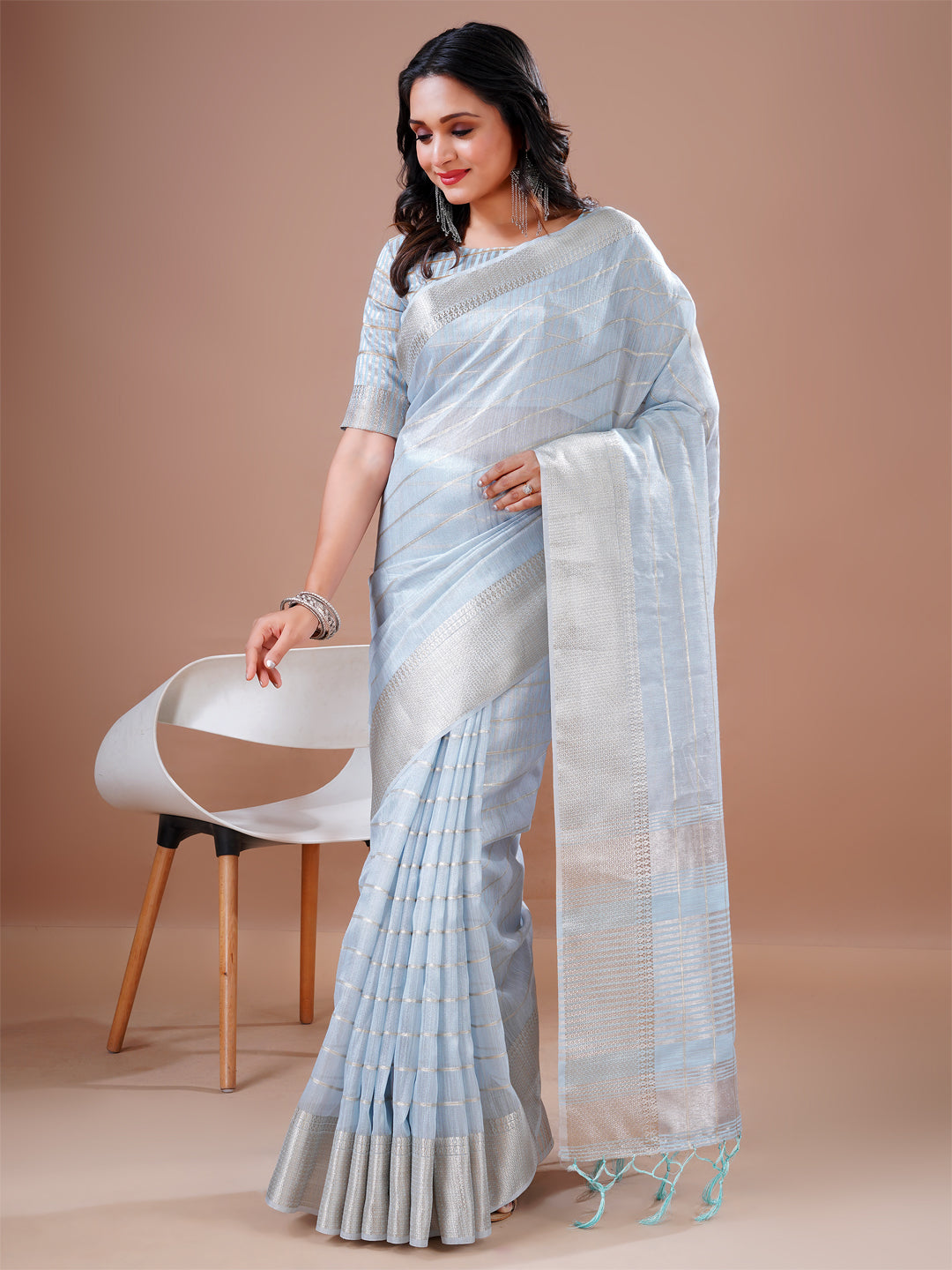 Cotton Silk Saree Sky Blue Checks Design Jacquard Border And Pallu New Saree Blouse Design