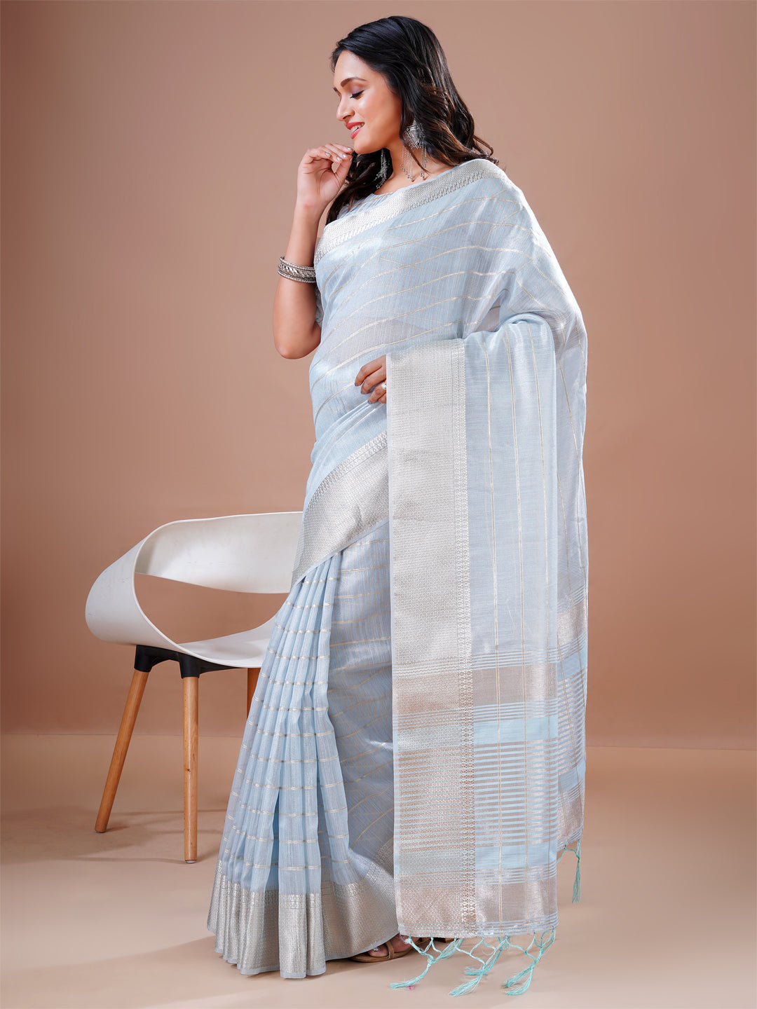 Cotton Silk Saree Sky Blue Checks Design Jacquard Border And Pallu New Saree Blouse Design