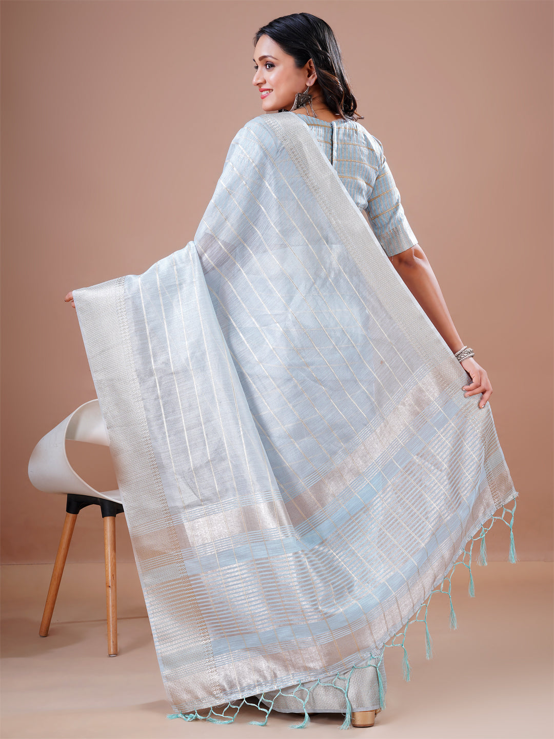 Cotton Silk Saree Sky Blue Checks Design Jacquard Border And Pallu New Saree Blouse Design