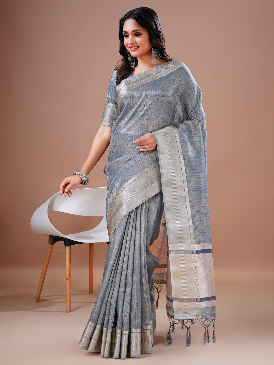 Cotton silk Grey Jacquard Border Work South Style Wedding Wear Saree Blouse
