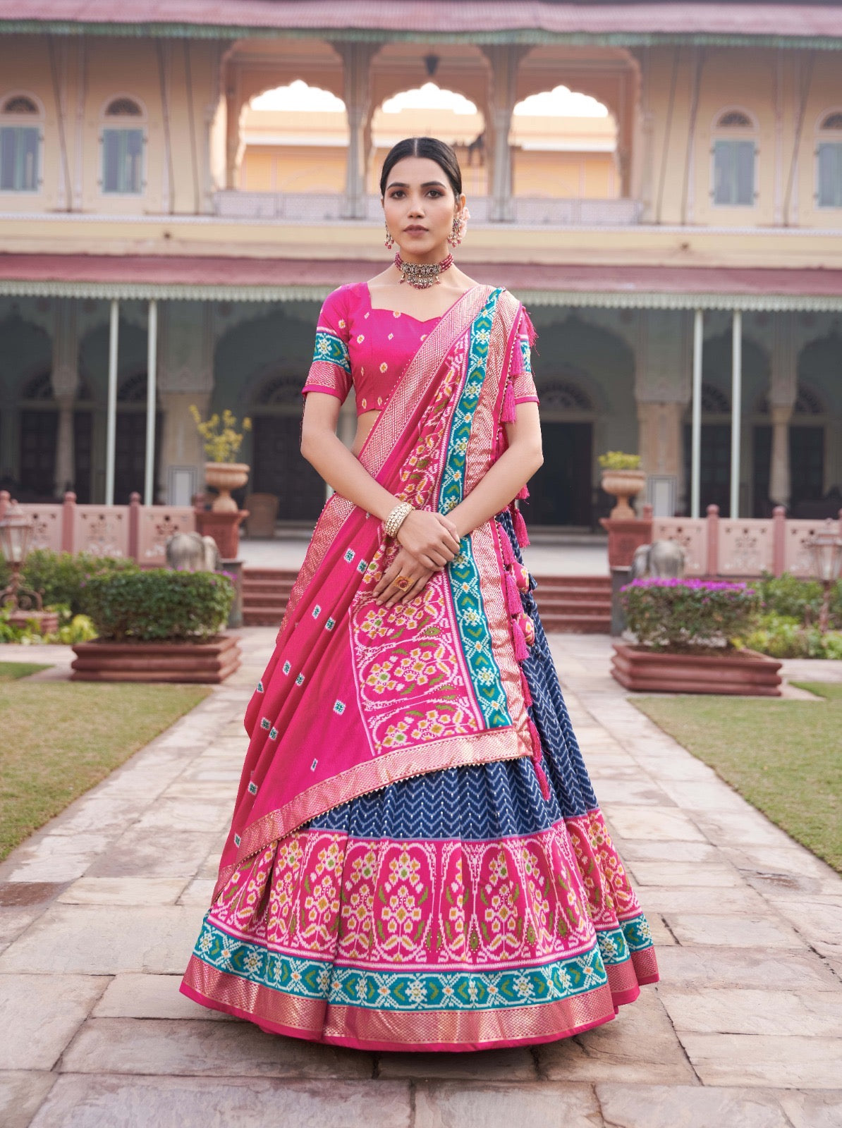 Festive Flourish Tussar Silk Fabric Lehenga Choli With Patola Foil Print Blouse And Dupatta Set