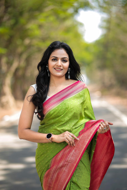 Ethereal Elegant Green Khadi Silk Saree Pairing With Woven Blouse