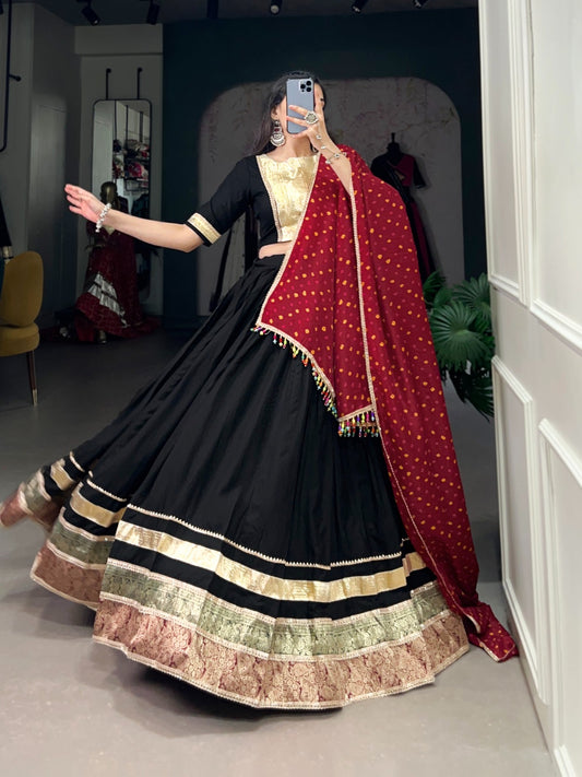 Black Rayon Fabric Lehenga Choli With Fully Stiched Blouse And Dola Silk Dupatta