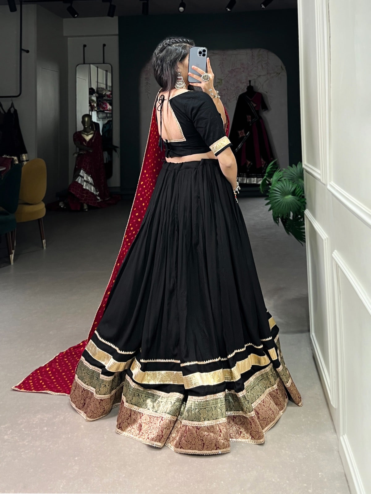 Black Rayon Fabric Lehenga Choli With Fully Stiched Blouse And Dola Silk Dupatta