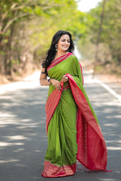 Ethereal Elegant Green Khadi Silk Saree Pairing With Woven Blouse