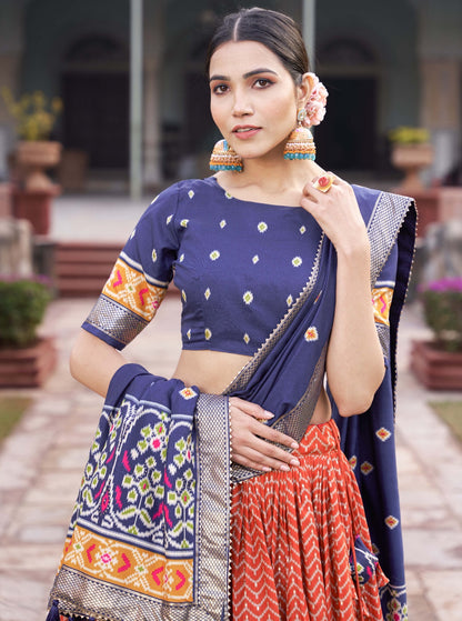 Festive Flourish Tussar Silk Fabric Lehenga Choli With Patola Foil Print Blouse And Dupatta Set