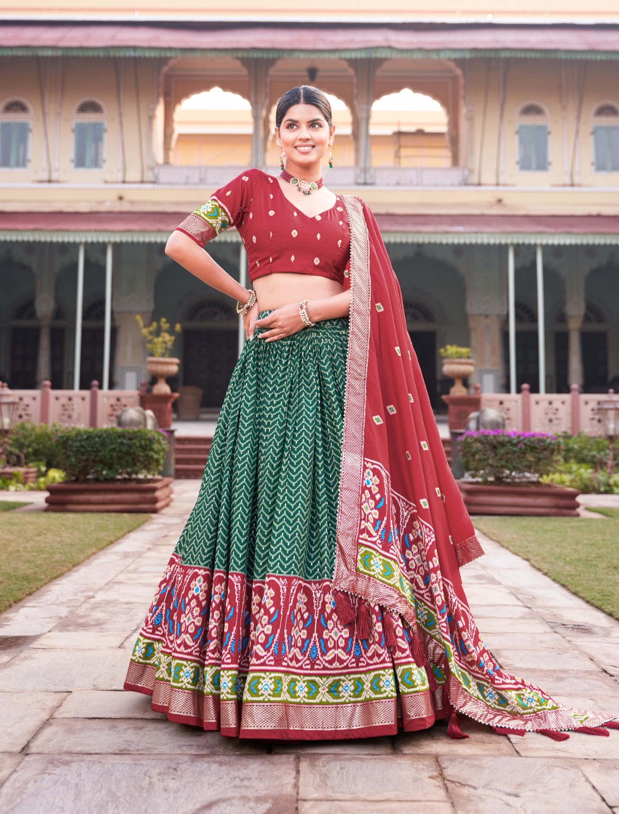 Festive Flourish Tussar Silk Fabric Lehenga Choli With Patola Foil Print Blouse And Dupatta Set