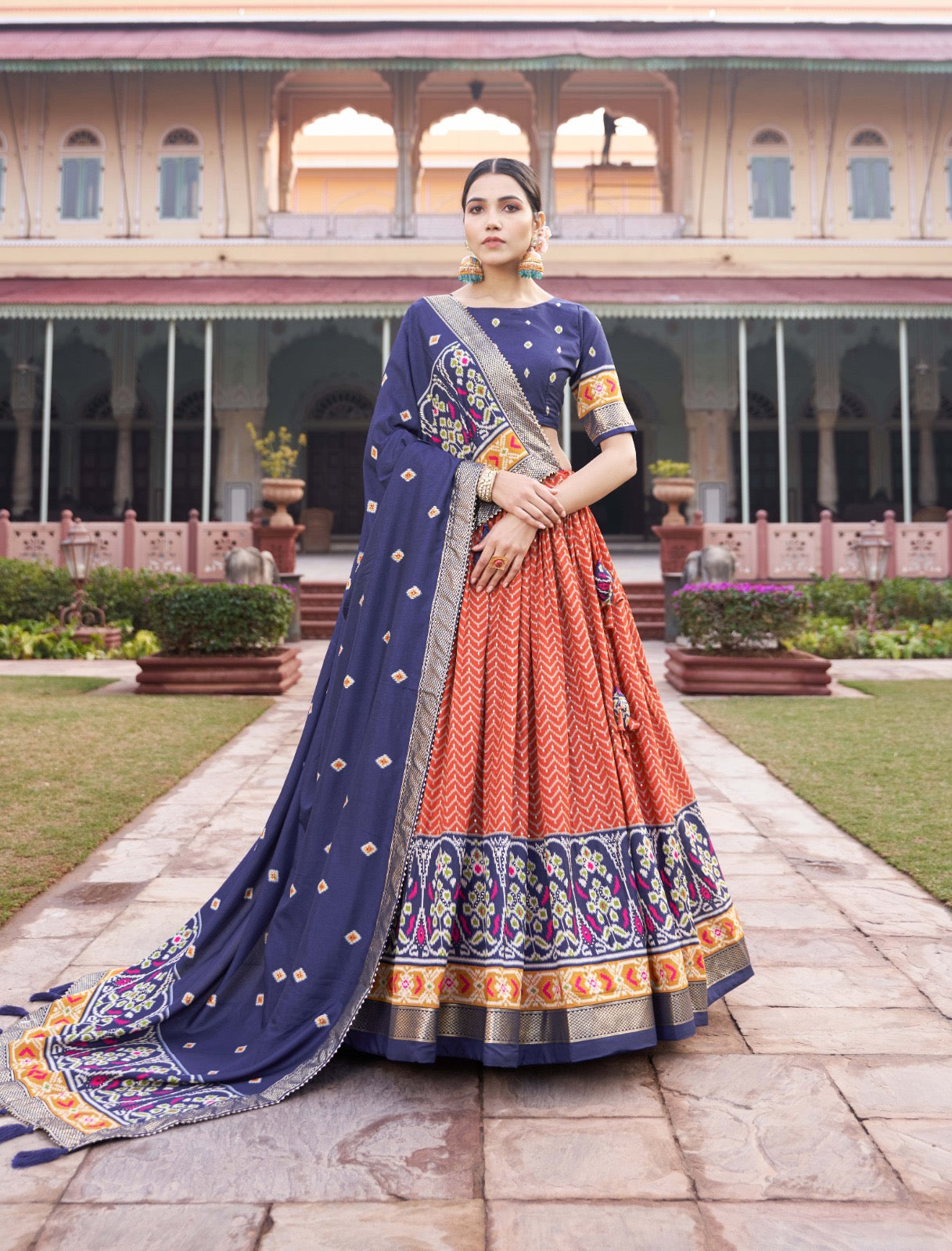 Festive Flourish Tussar Silk Fabric Lehenga Choli With Patola Foil Print Blouse And Dupatta Set