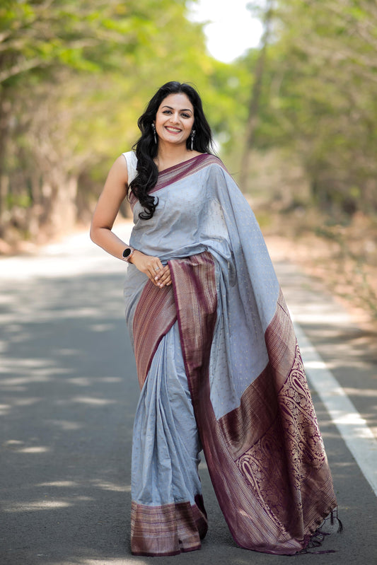 Ethereal Elegant Grey Khadi Silk Saree Pairing With Woven Blouse