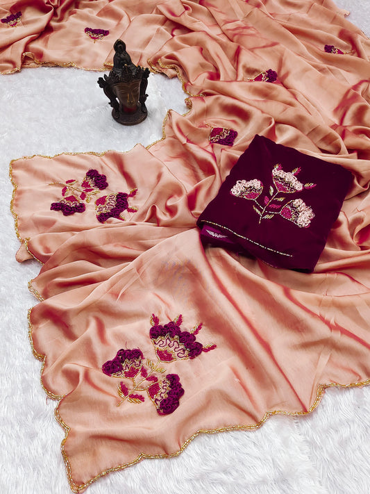 Buy Cinnamon Brown Soft Silk Two Tone Rangoli Saree With Velvet Blouse