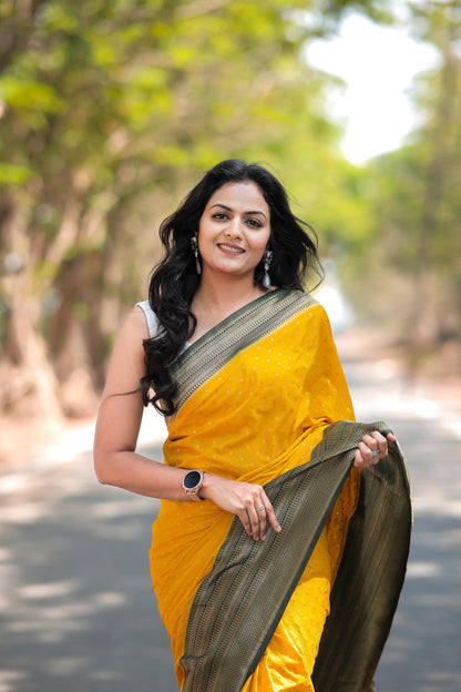 Ethereal Elegant Yellow Khadi Silk Saree Pairing With Woven Blouse