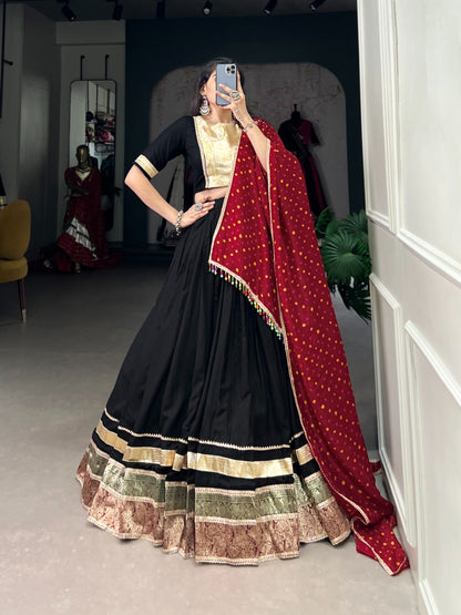 Black Rayon Fabric Lehenga Choli With Fully Stiched Blouse And Dola Silk Dupatta