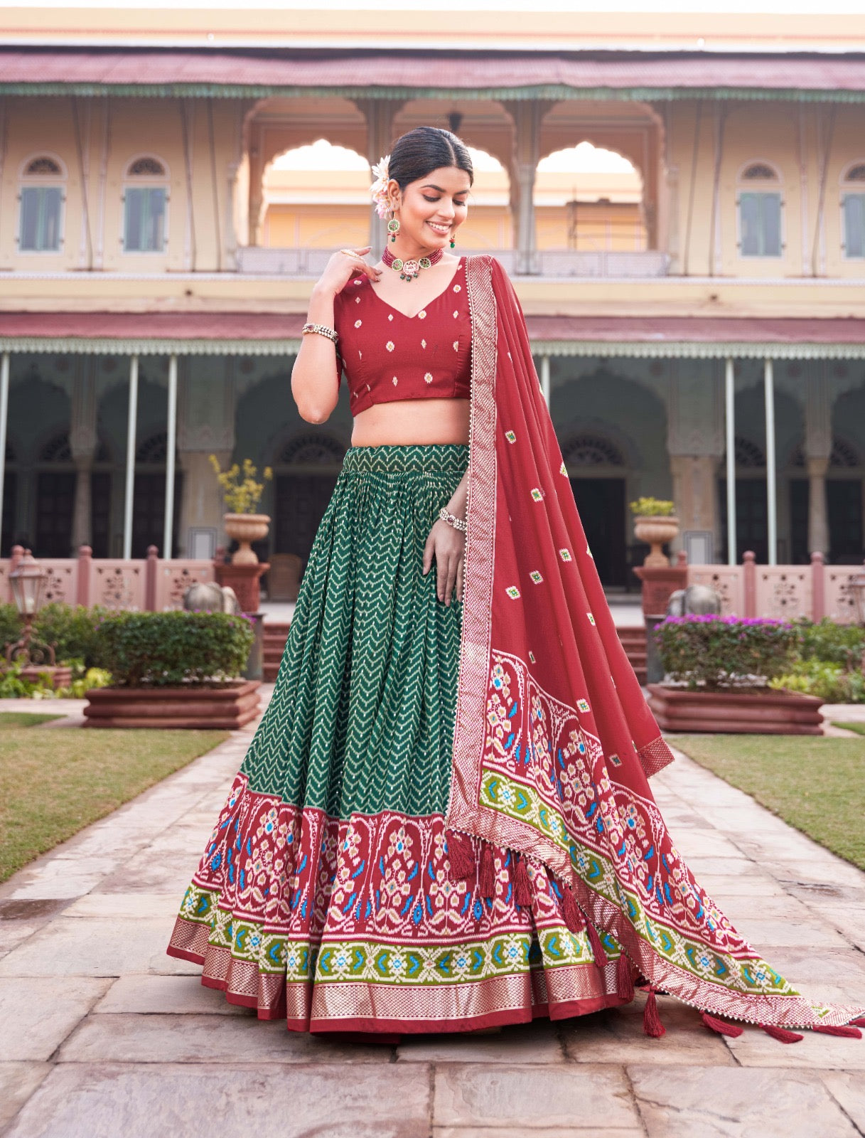 Festive Flourish Tussar Silk Fabric Lehenga Choli With Patola Foil Print Blouse And Dupatta Set