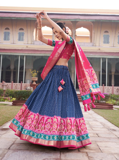 Festive Flourish Tussar Silk Fabric Lehenga Choli With Patola Foil Print Blouse And Dupatta Set