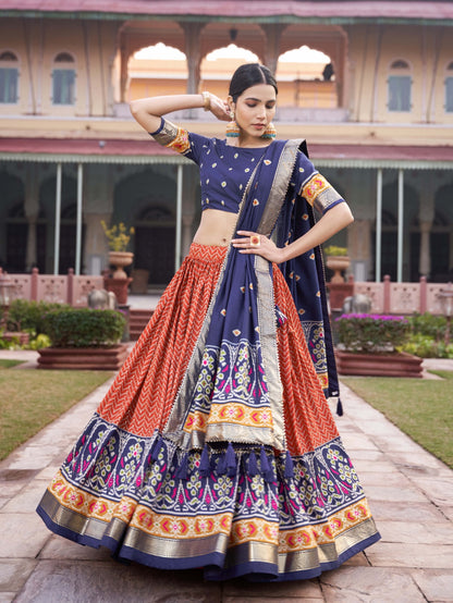 Festive Flourish Tussar Silk Fabric Lehenga Choli With Patola Foil Print Blouse And Dupatta Set