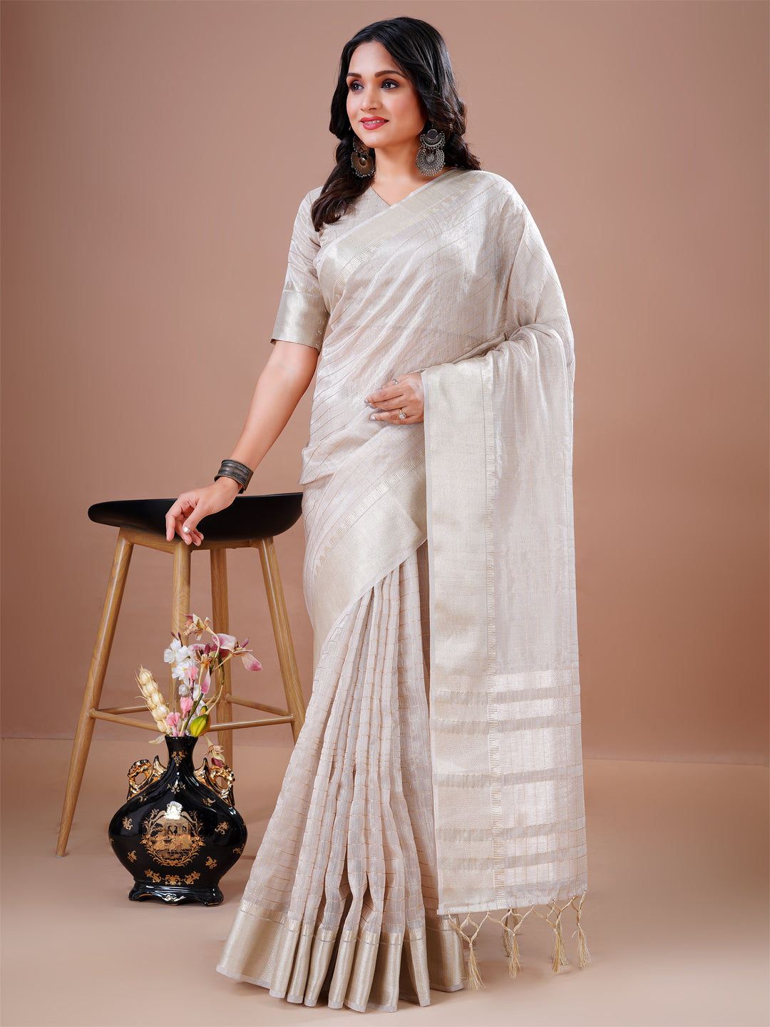 Designer Cream Cotton Silk Heavy Jacquard Border Rich Pallu With Tassel  Party Wear Saree