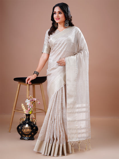 Designer Cream Cotton Silk Heavy Jacquard Border Rich Pallu With Tassel  Party Wear Saree
