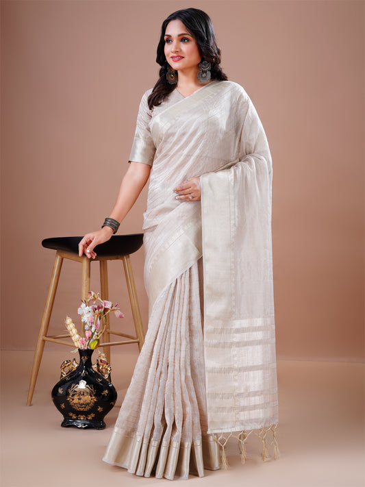 Designer Cream Cotton Silk Heavy Jacquard Border Rich Pallu With Tassel  Party Wear Saree