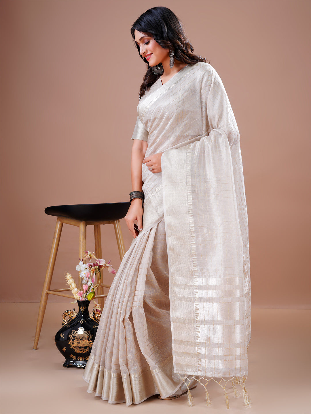 Designer Cream Cotton Silk Heavy Jacquard Border Rich Pallu With Tassel  Party Wear Saree
