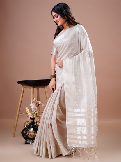 Designer Cream Cotton Silk Heavy Jacquard Border Rich Pallu With Tassel  Party Wear Saree