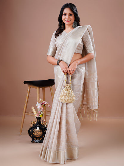 Designer Cream Cotton Silk Heavy Jacquard Border Rich Pallu With Tassel  Party Wear Saree