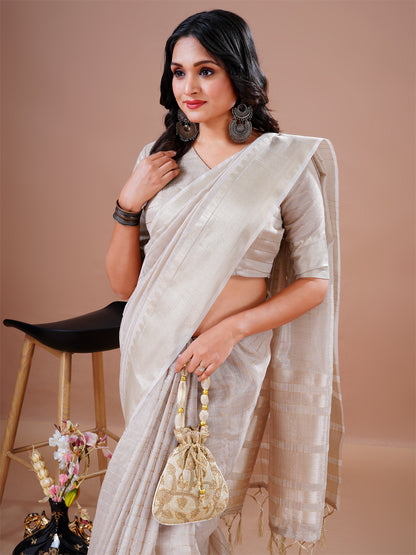 Designer Cream Cotton Silk Heavy Jacquard Border Rich Pallu With Tassel  Party Wear Saree
