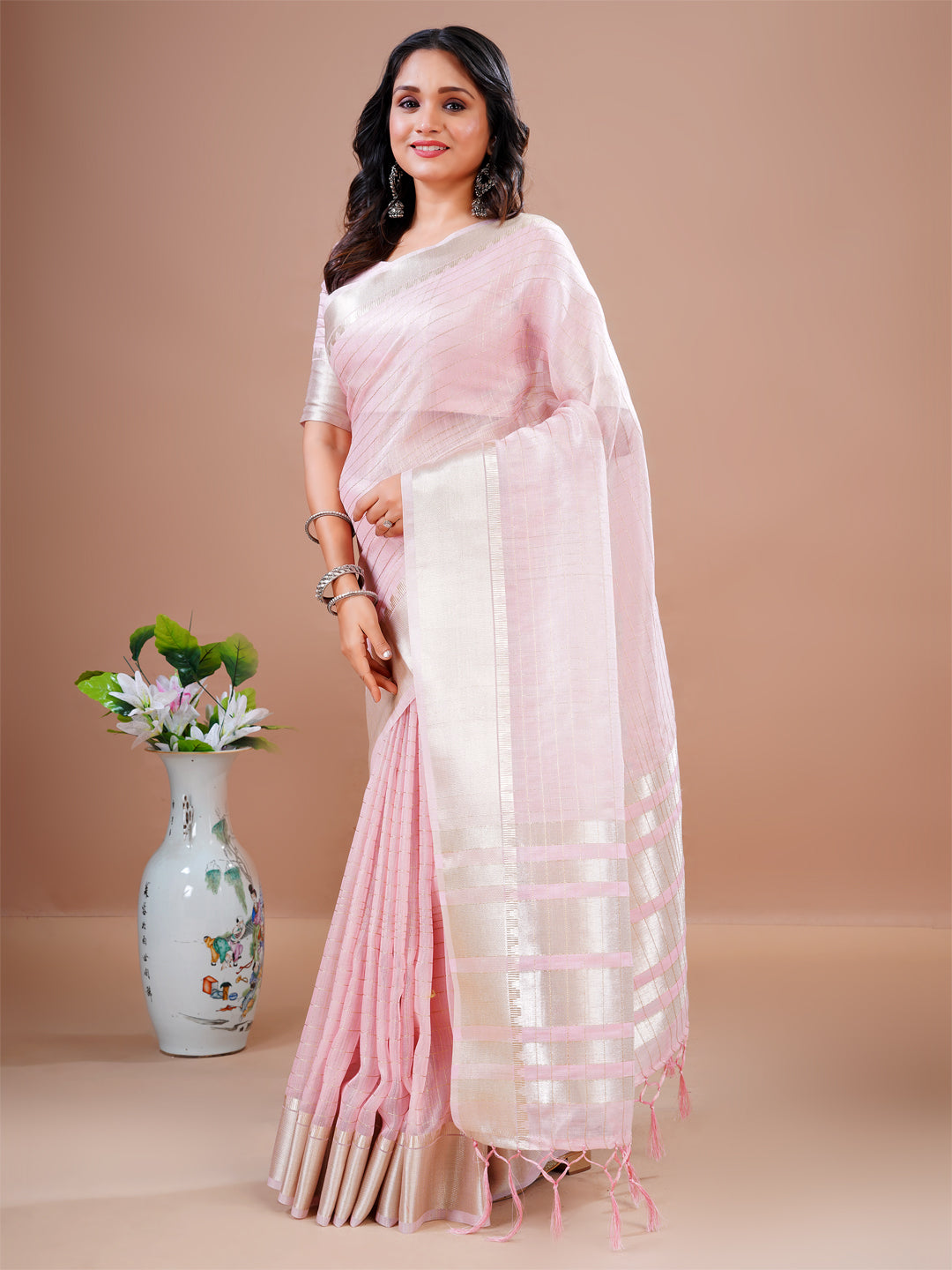 DesignerPink Cotton Silk Heavy Jacquard Border Rich Pallu With Tassel  Party Wear Saree