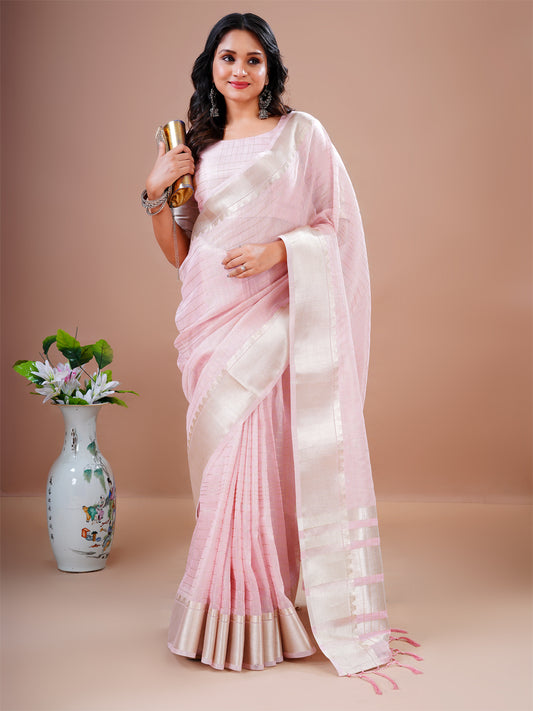 DesignerPink Cotton Silk Heavy Jacquard Border Rich Pallu With Tassel  Party Wear Saree