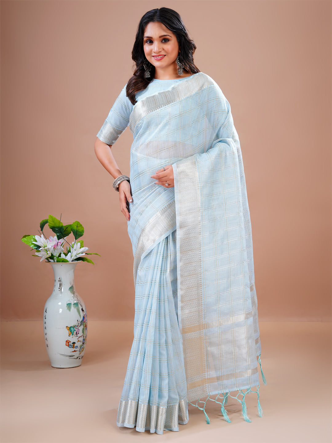 Sky Blue Saree Cotton Silk Wedding Festival Jacquard Work Saree Blouse