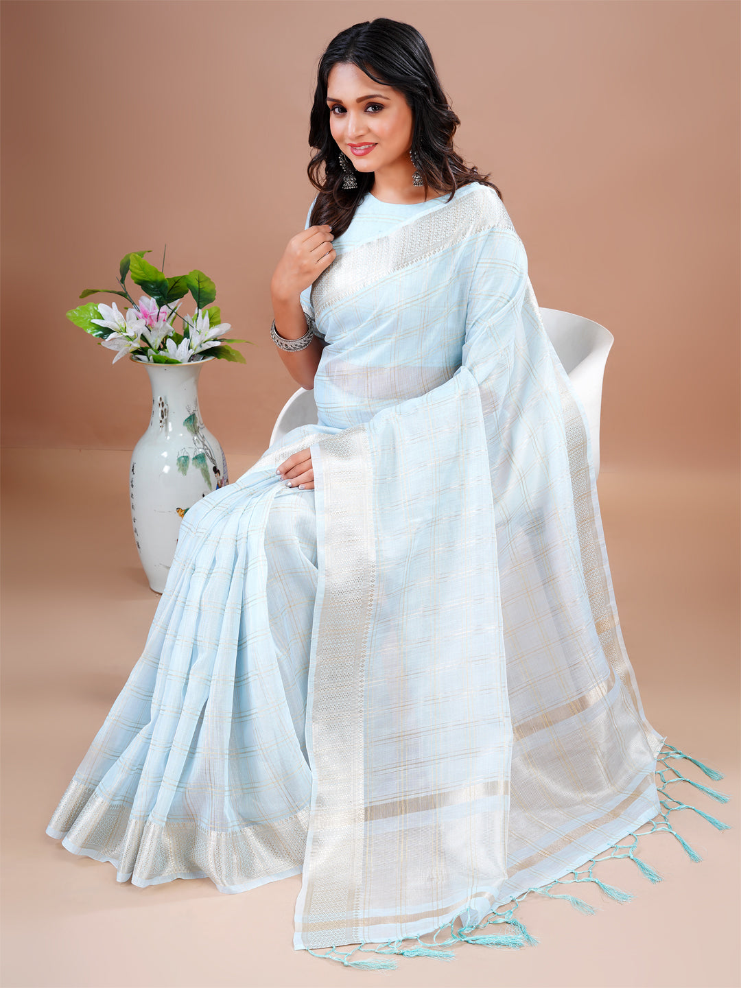 Sky Blue Saree Cotton Silk Wedding Festival Jacquard Work Saree Blouse
