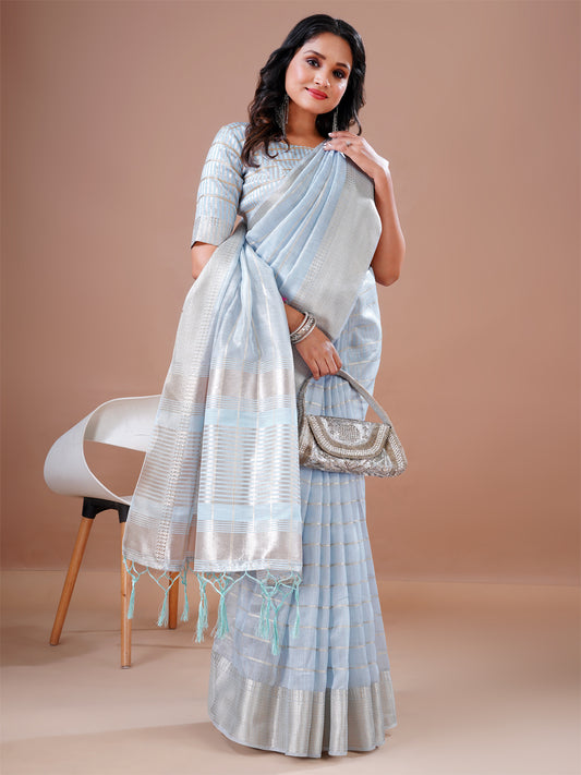 Cotton Silk Saree Sky Blue Checks Design Jacquard Border And Pallu New Saree Blouse Design