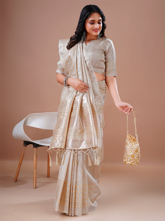 Cotton Silk Saree Cream Sequins Jacquard Work Wedding Function Party Wear Saree Blouse Collection