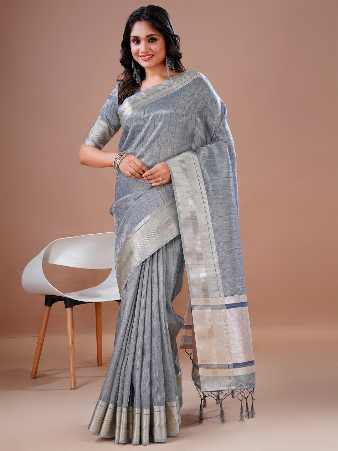 Cotton silk Grey Jacquard Border Work South Style Wedding Wear Saree Blouse