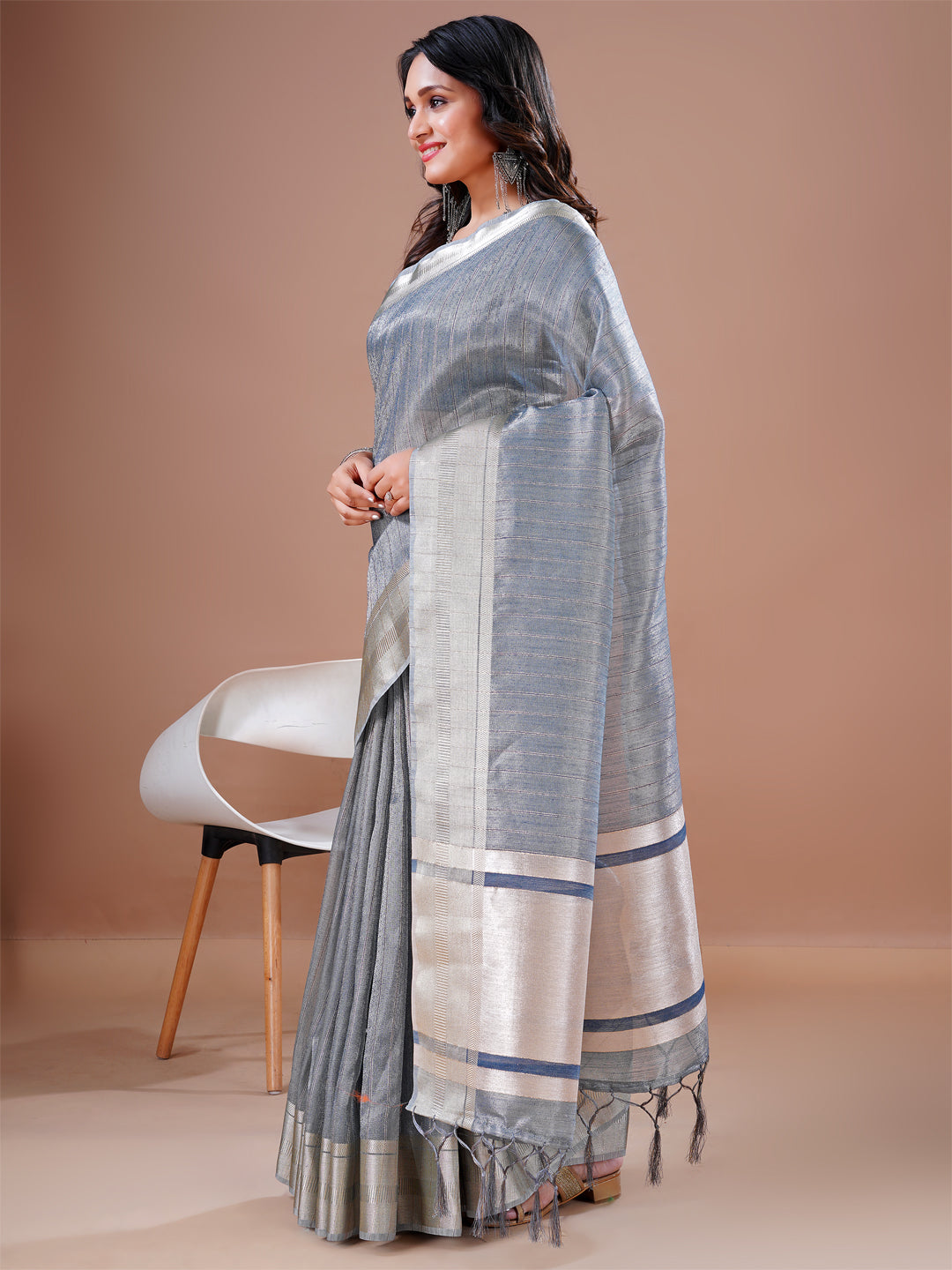 Cotton silk Grey Jacquard Border Work South Style Wedding Wear Saree Blouse