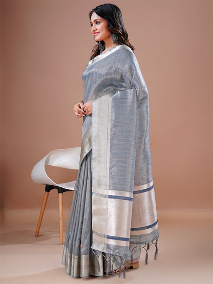 Cotton silk Grey Jacquard Border Work South Style Wedding Wear Saree Blouse