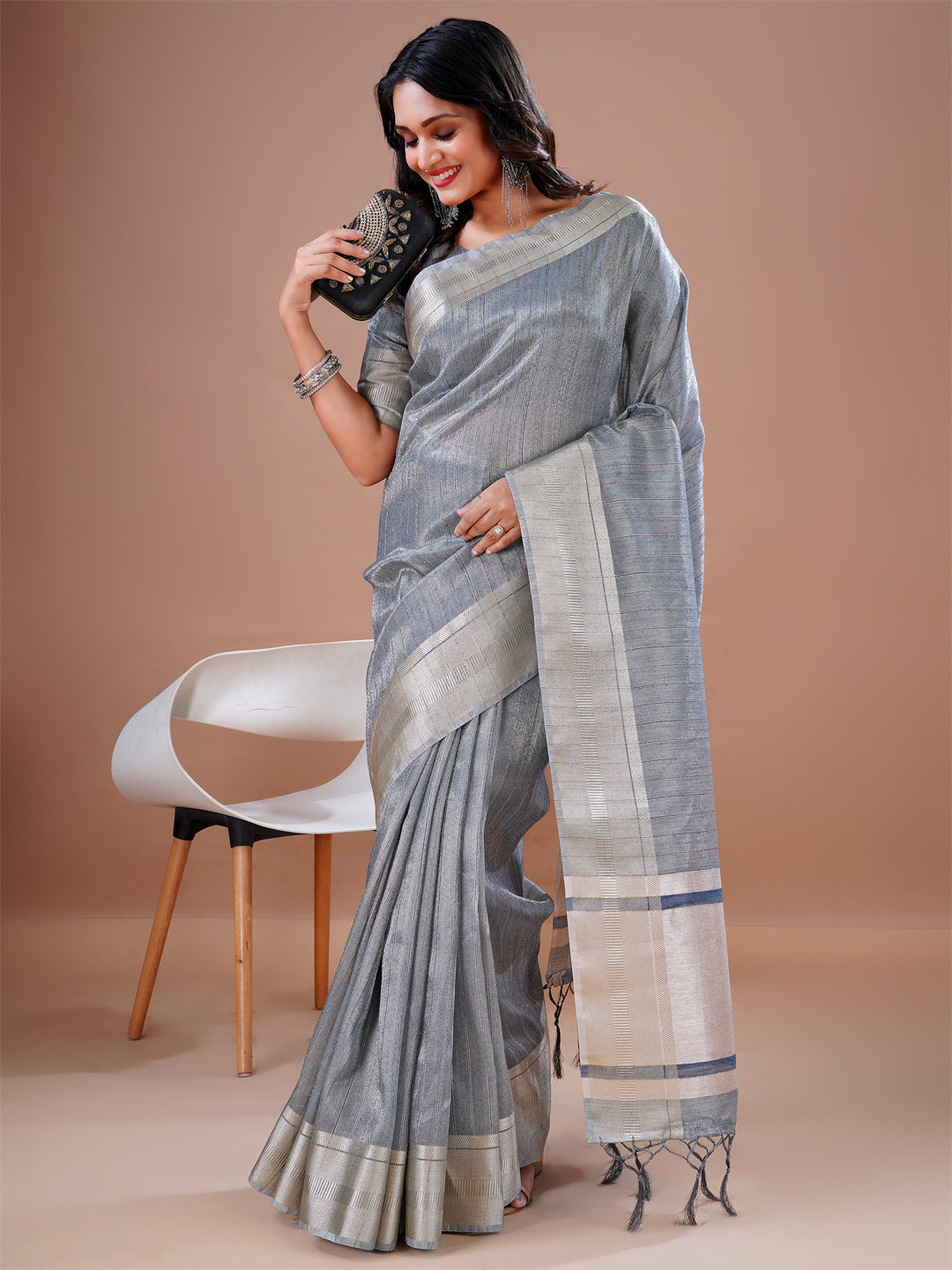 Cotton silk Grey Jacquard Border Work South Style Wedding Wear Saree Blouse