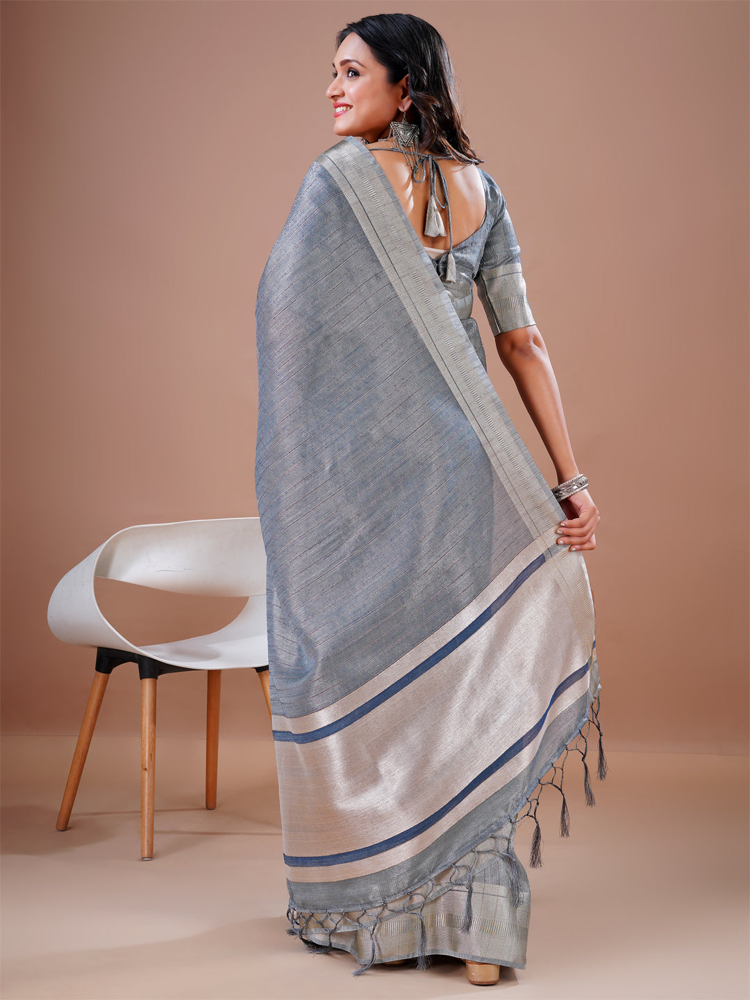 Cotton silk Grey Jacquard Border Work South Style Wedding Wear Saree Blouse