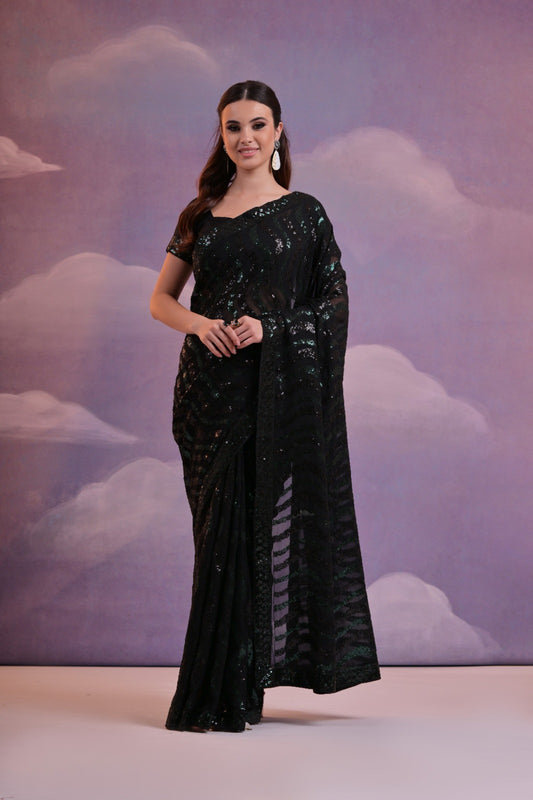 Green Black Sequins Georgette Bollywood Celebrity Saree Blouse Designs Collection