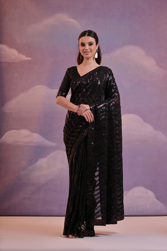 Wine Black Sequins Georgette Bollywood Celebrity Saree Blouse Designs Collection