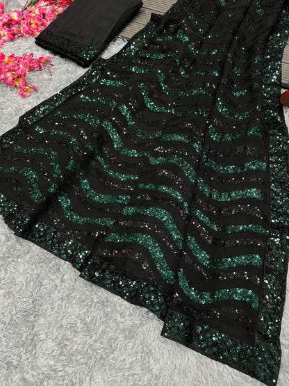 Green Black Sequins Georgette Bollywood Celebrity Saree Blouse Designs Collection