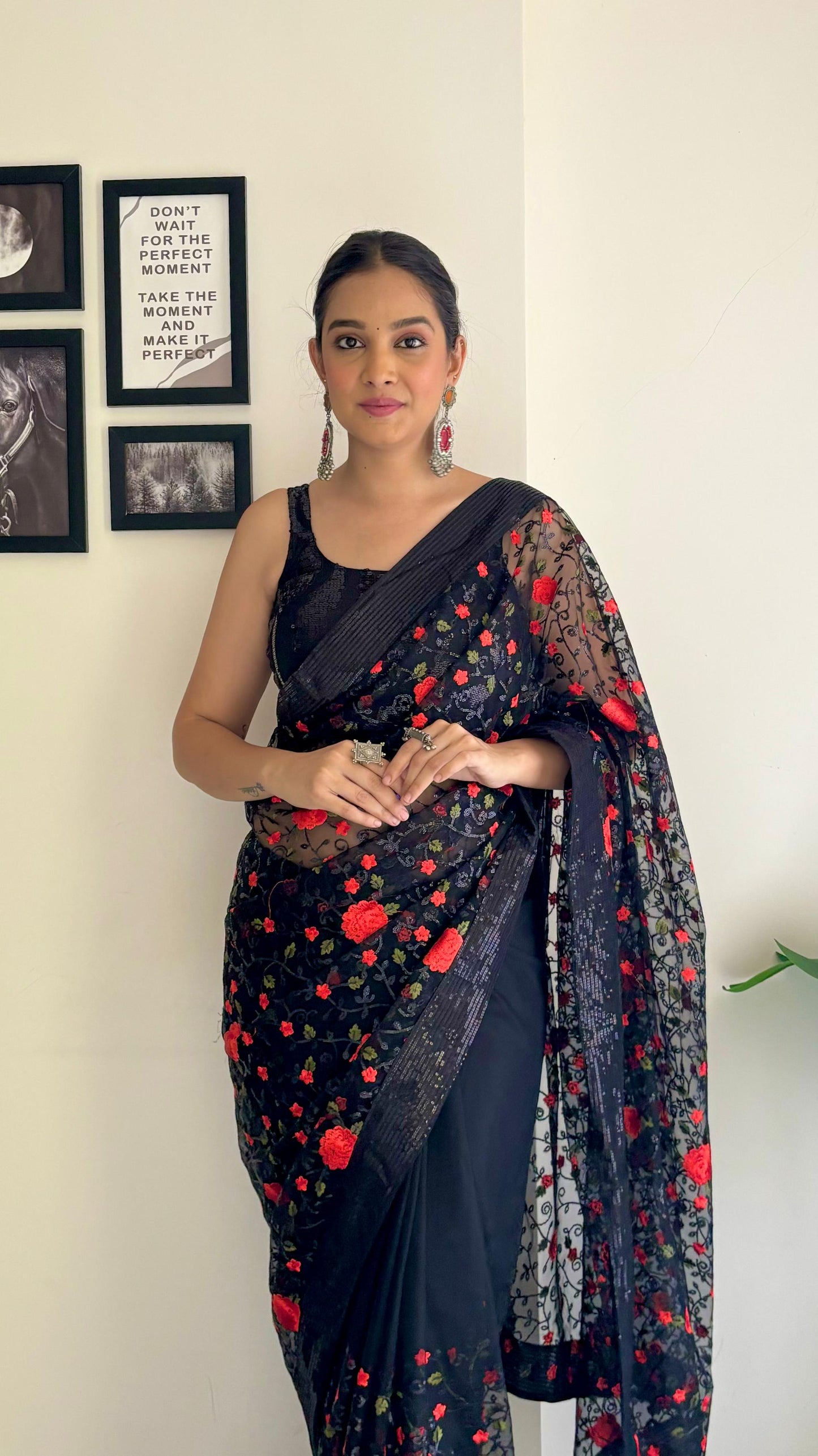 Black Net Saree Wedding Party Wear Bridal Saree With Blouse