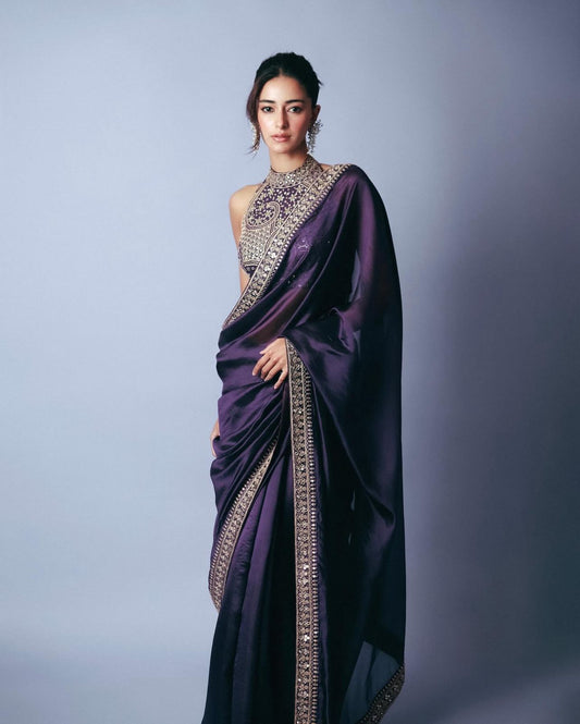 Bollywood Celebrity Sequence Saree Collection Purple Party Wear Saree Blouse