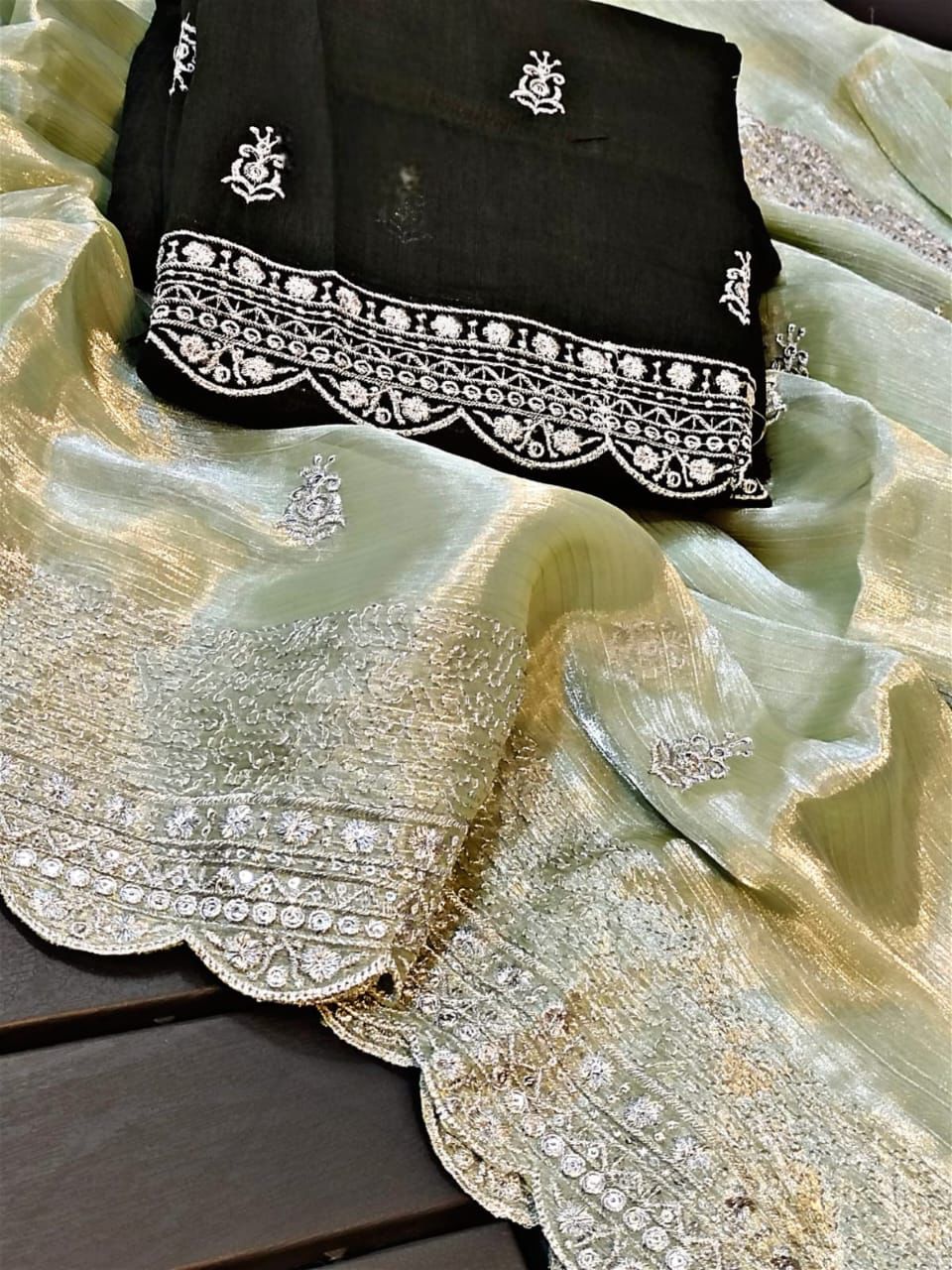 Mint Green Weaving Burburry Silk And Sequins Work For Women Wearing Saree From Parties