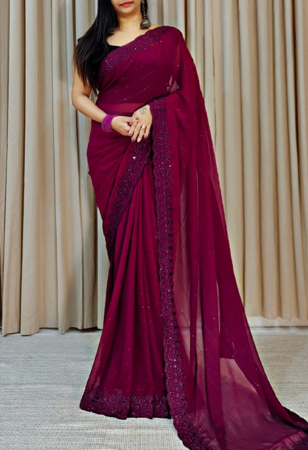 New Bollywood Maroon Colour Designer Soft Georgette Bridal Saree With Blouse Unique Ready To Wear Collection