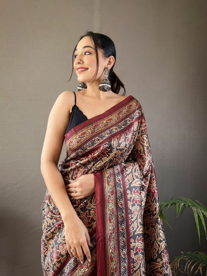 Black Maroon Saree Digital Print Semi Soft Silk Festival Party Wear Saree Blouse Design