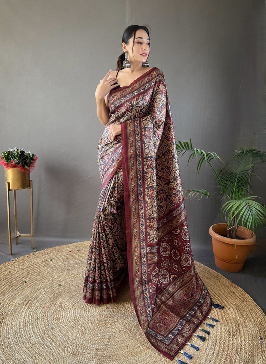 Black Maroon Saree Digital Print Semi Soft Silk Festival Party Wear Saree Blouse Design