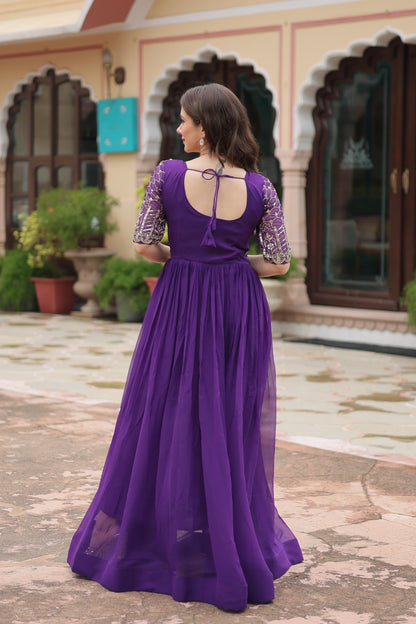 Pink Purple Gown Faux Blooming With Embroidery Zari Sequins Work Party Wear Gown Full stitched  Women's Gown